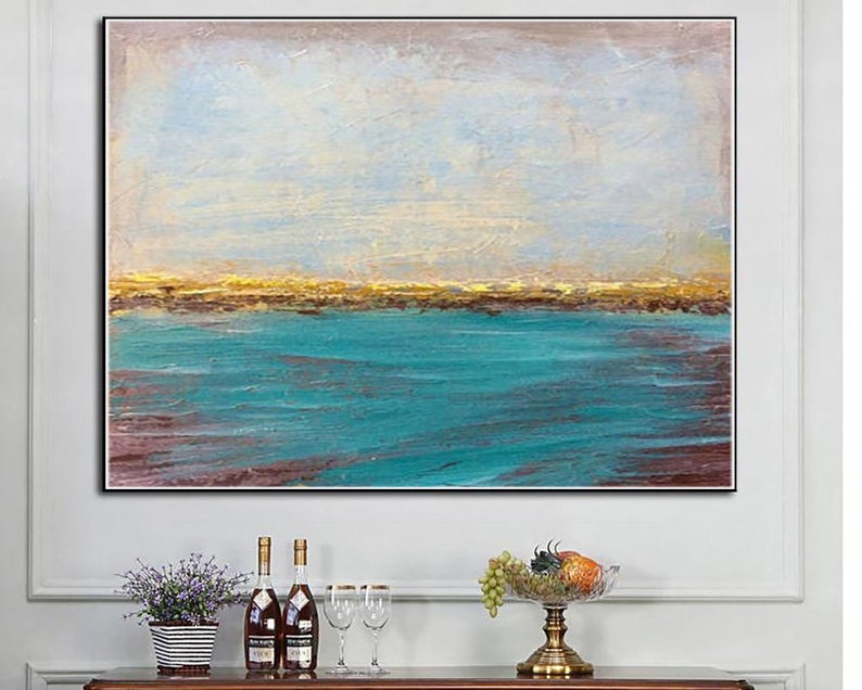 Abstract Seascape Painting Ocean Horizon Wall Art Coastal Home Decor Blue and Gold Painting Ocean-Inspired Art Calm and Peaceful Canvas
