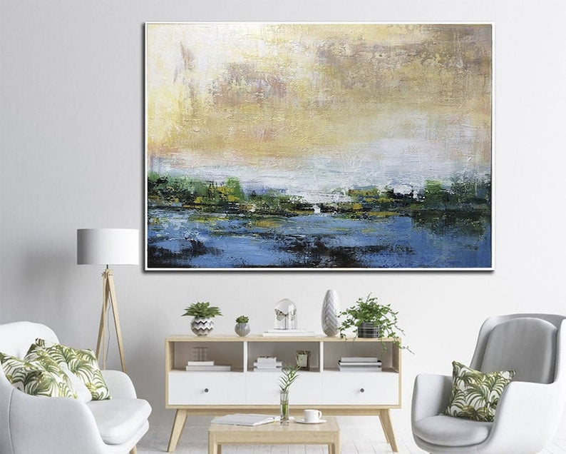 Serene Abstract Landscape Painting - Large Blue and Green Canvas Art for Tranquil Home Decor - Calming Wall Art for Living Room