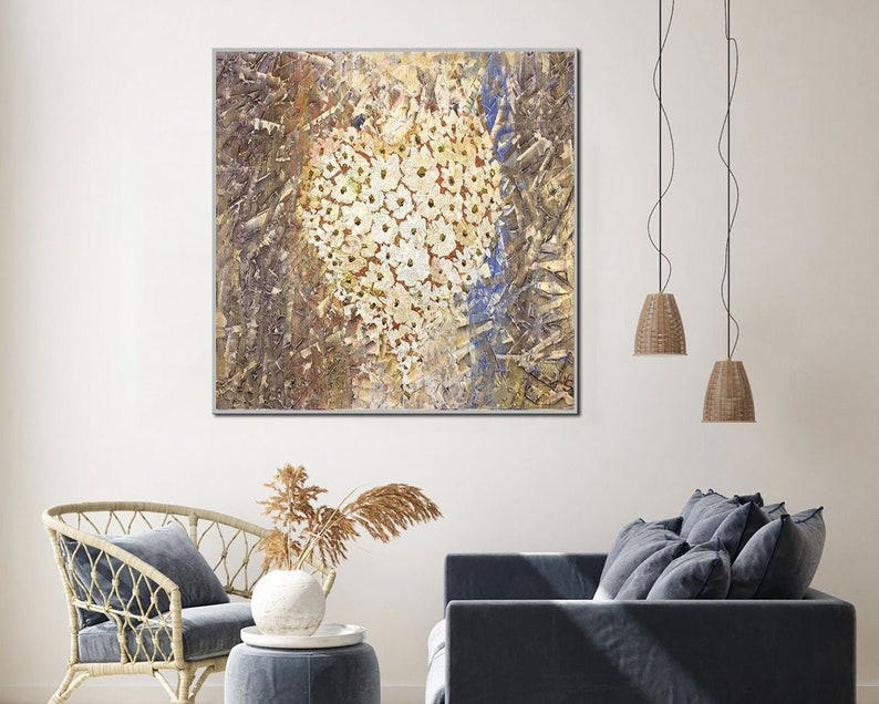 Large Abstract Golden Flowers Paintings On Canvas Original Floral Art Gold Painting Flowers Hand Pained Fine Art for Living Room Wall Decor