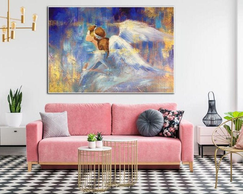 Abstract Impressionism Paintings On Canvas In Blue And Gold Colors Angel Painting Abstract Fine Art Textured Handmade Art for Living Room