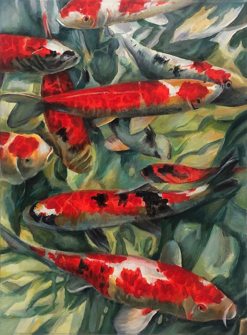 Koi Fish Oil Painting On Canvas Modern Wall Art Feng Shui Painting Koi Fish Feng Shui Carp Pond Oil Painting on Canvas Wall Art