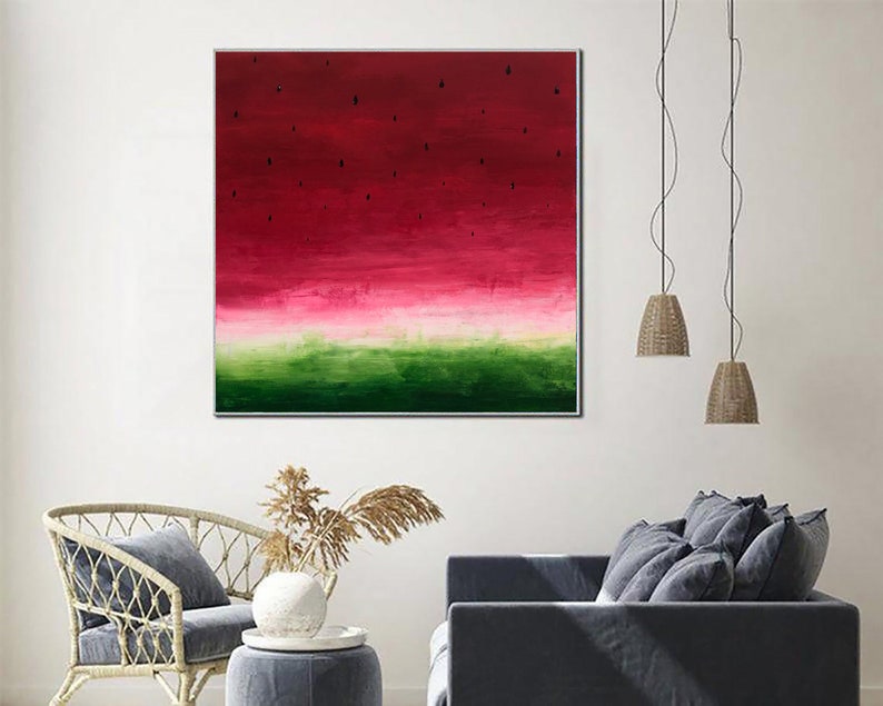 Vandmelon, Originalmaleri, Abstrakt maleri, Ekspressionistisk maleri, Vandmelonmaleri, Stilleben, Farverig, Vandmelon rødgrøn