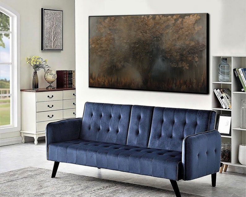 Fredfyldt skov Abstrakt tekstureret trælandskab i jordfarver Moderne naturkunst Skovvægkunst Ro natur Moderne kunst