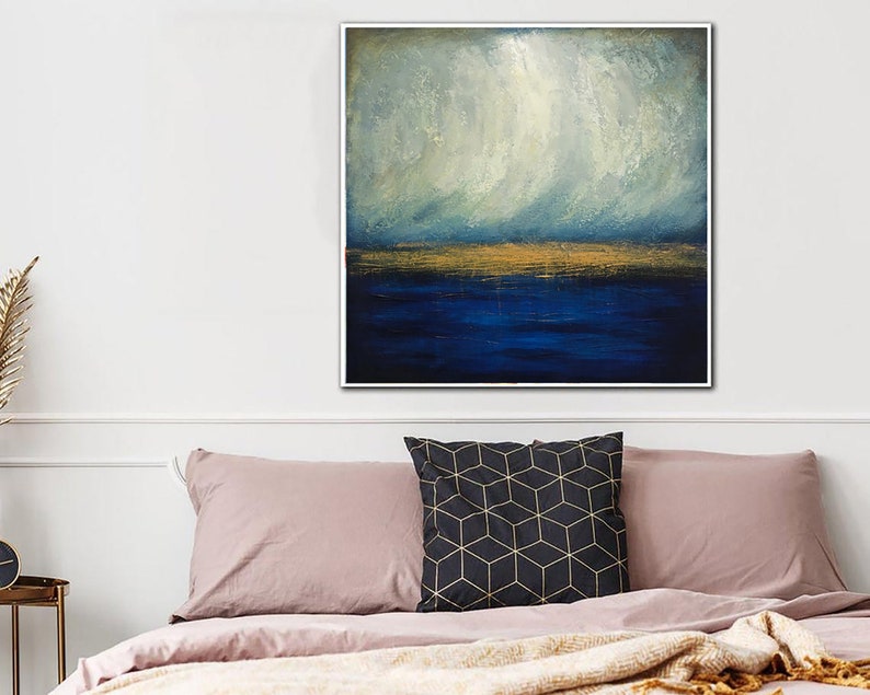 Large Abstract Canvas Art Ocean Painting Abstract Blue Sky Acrylic Painting Modern Abstract Artwork Blue Sea Abstract Painting Office Decor