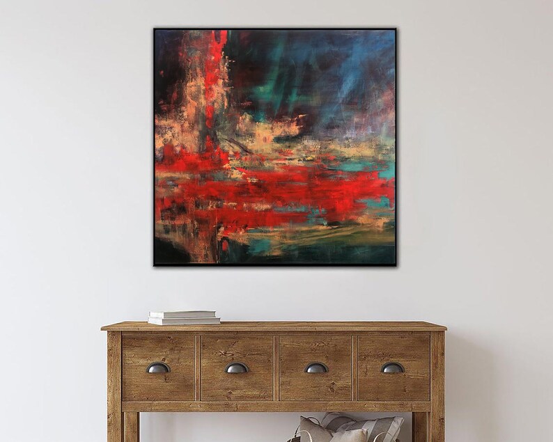 Original Red Acrylic Painting Impressionism Colorful Wall Art Abstract Shapes Textured Artwork Decor for Home FIERY PASSION