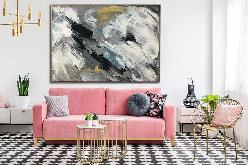 Abstract Brushstroke Painting Modern Large Gray Painting Contemporary Art Office Wall Art Custom Gift Black And White Art Framed Art Decor