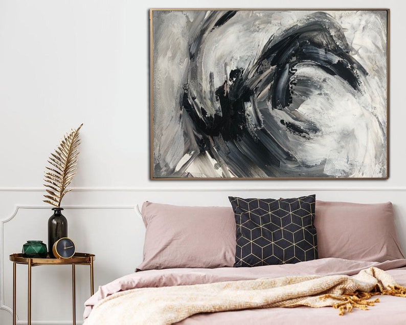 Black white grey painting canvas / Large abstract oil painting / Abstract forms painting / Wabi-Sabi Wall Art