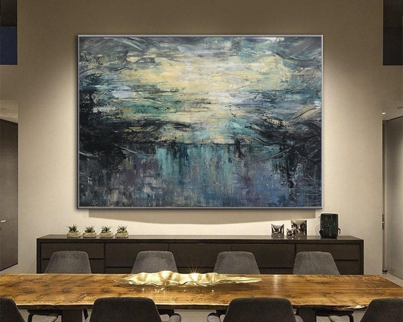 Large Original Abstract Seascape Paintings On Canvas In Navy Colors Abstract Impressionist Painting Modern Acrylic Paining for Living Room
