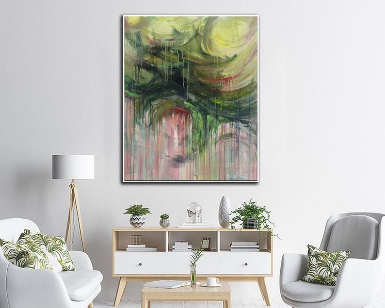 Extra Large Abstract Expressionist Paintings On Canvas in Green And Pink Colors Textured Fine Art Contemporary Wall Art for Living Room