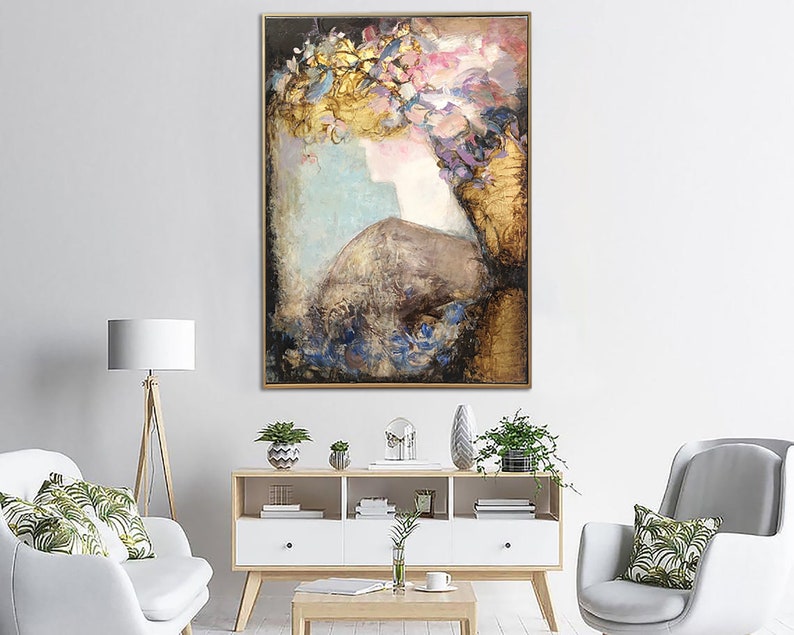 Abstract Figurative Paintings On Canvas Modern Colorful Artwork Woman With Flowers Art Luxury Fine Art Textured Painting for Fireplace Decor