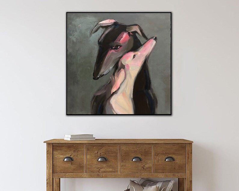 Abstract Dog Paintings On Canvas Romantic Wall Art Greyhound Art In Gray, Black And White Colors Pet Painting Hand Pained Art Wall Decor