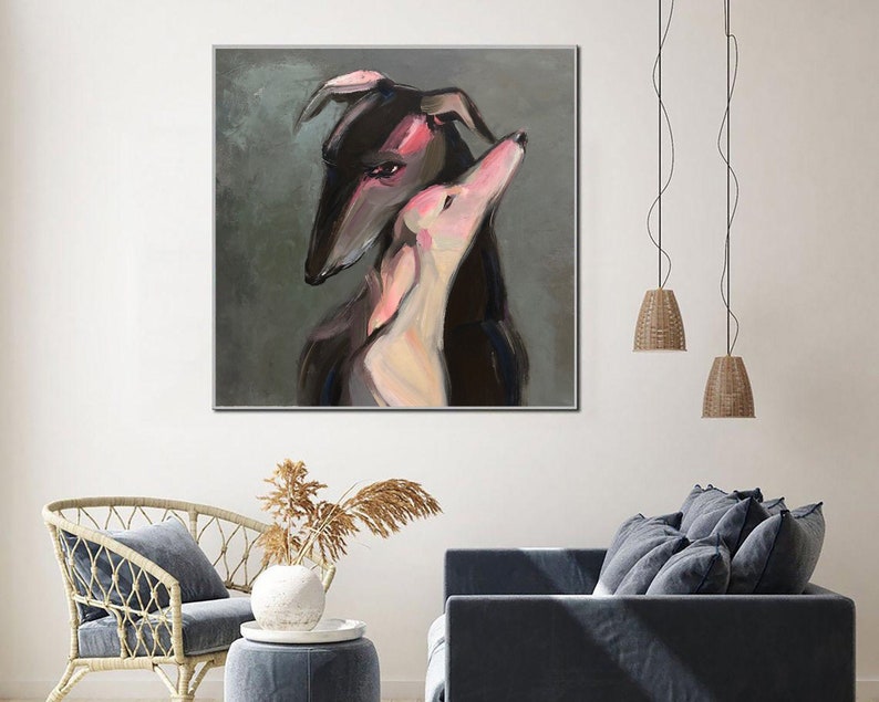 Abstract Dog Paintings On Canvas Romantic Wall Art Greyhound Art In Gray, Black And White Colors Pet Painting Hand Pained Art Wall Decor