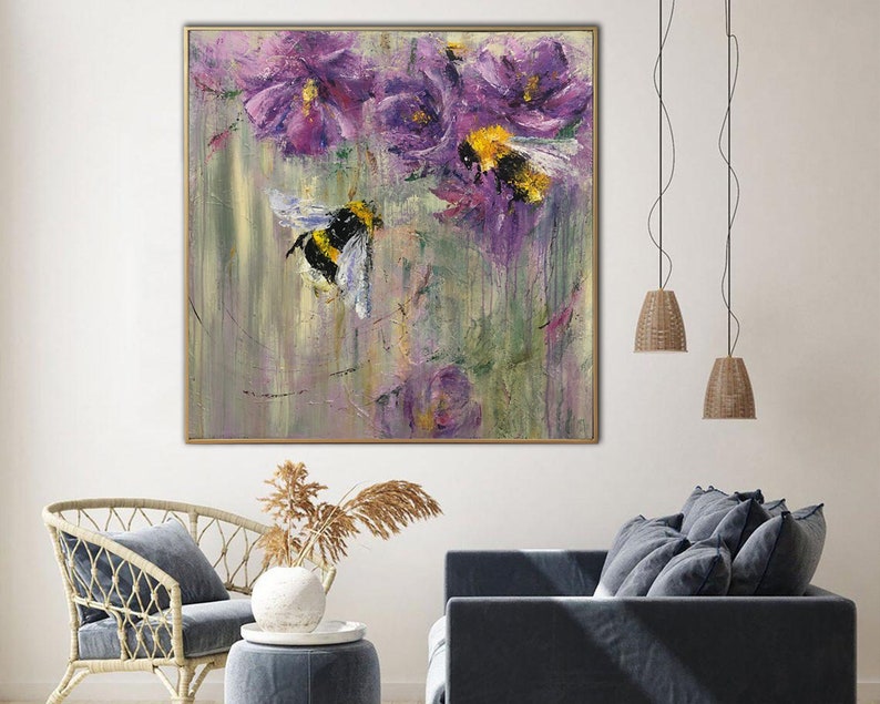 Originale abstrakte blomstermalerier på lærred, lilla buketmaleri, bimaleri, impasto, akryl, impressionistisk kunst, natur, vægkunst på lærred