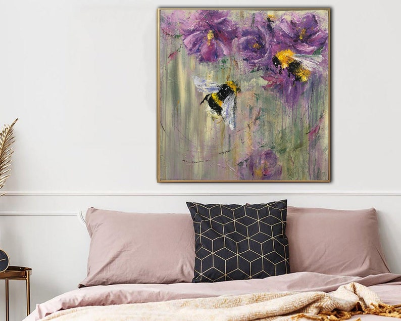 Originale abstrakte blomstermalerier på lærred, lilla buketmaleri, bimaleri, impasto, akryl, impressionistisk kunst, natur, vægkunst på lærred