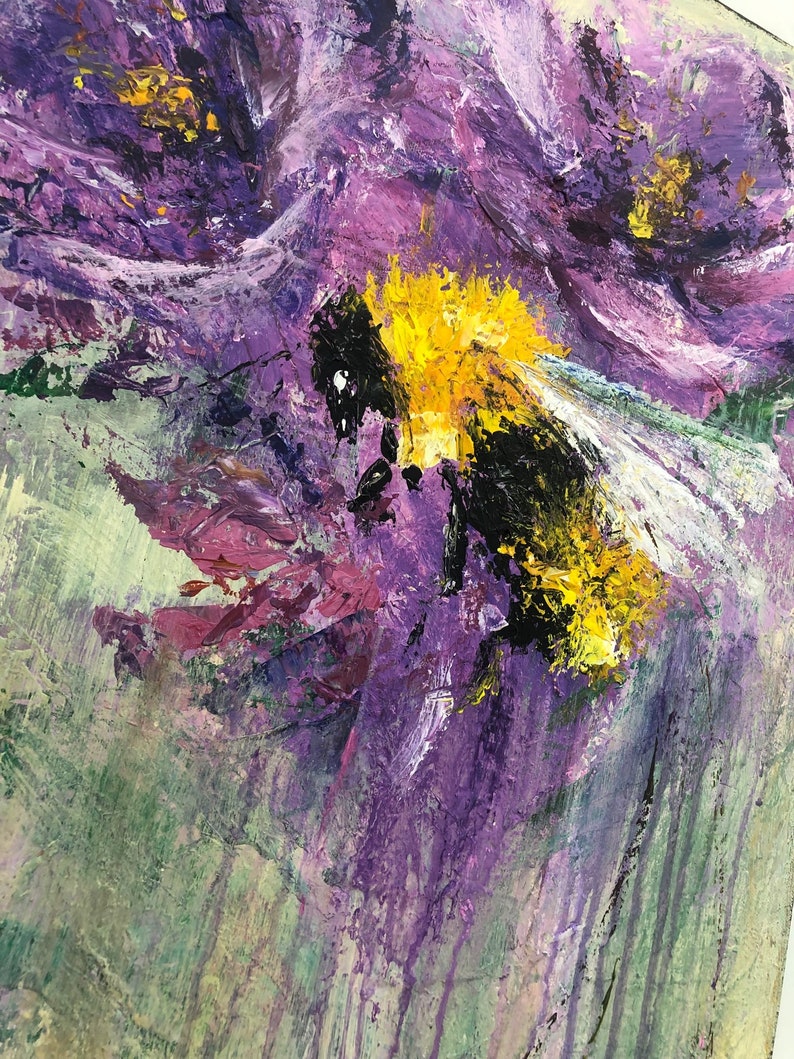 Originale abstrakte blomstermalerier på lærred, lilla buketmaleri, bimaleri, impasto, akryl, impressionistisk kunst, natur, vægkunst på lærred