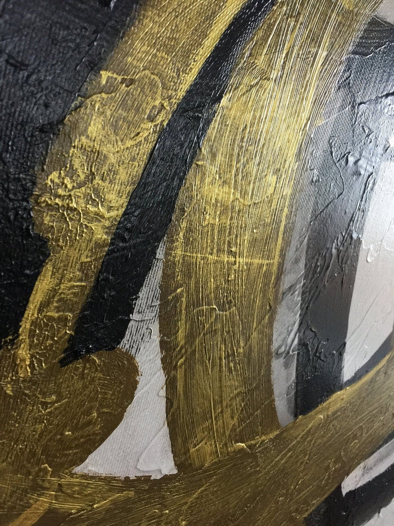 Gold Abstract Painting, Modern Black and White Wall Art, Hand-Painted Minimalist Canvas, Contemporary Geometric Art for Home Decor