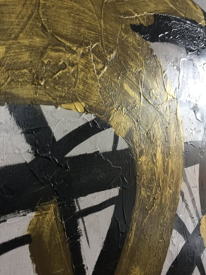 Gold Abstract Painting, Modern Black and White Wall Art, Hand-Painted Minimalist Canvas, Contemporary Geometric Art for Home Decor
