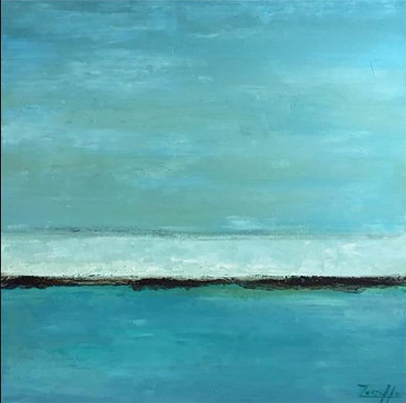 Abstract Seascape Painting, Modern Blue Ocean Art, Minimalist Coastal Wall Art, Hand-Painted Large Canvas for Home Decor