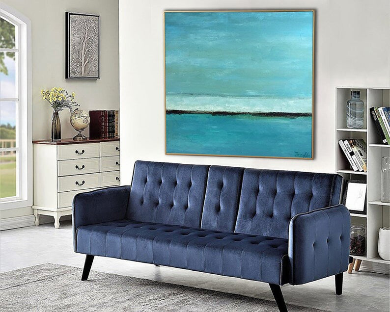 Abstract Seascape Painting, Modern Blue Ocean Art, Minimalist Coastal Wall Art, Hand-Painted Large Canvas for Home Decor