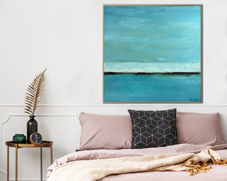 Abstract Seascape Painting, Modern Blue Ocean Art, Minimalist Coastal Wall Art, Hand-Painted Large Canvas for Home Decor