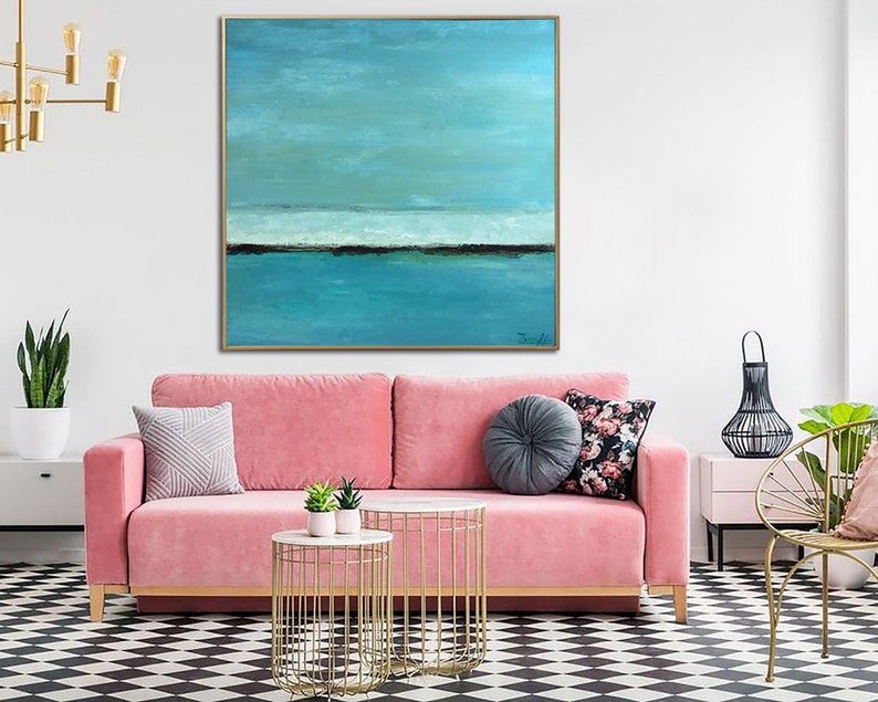 Abstract Seascape Painting, Modern Blue Ocean Art, Minimalist Coastal Wall Art, Hand-Painted Large Canvas for Home Decor