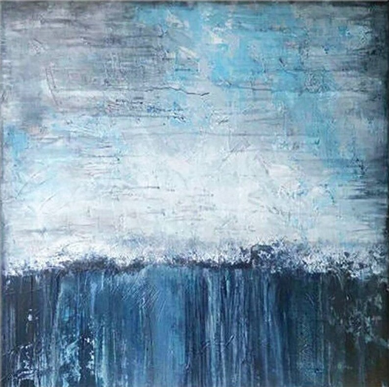 Large Abstract Blue Paintings On Canvas Neutral Minimalist Artwork Luxury Painting Heavy Textured Artwork for Living Room Wall Decor