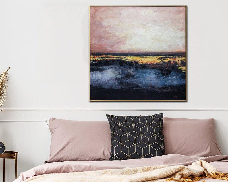 Abstract Sunset Painting Blue Oil Canvas Original Pink Painting Gold Leaf Artwork Living Room Art Housewarming Gift Office Wall Decor