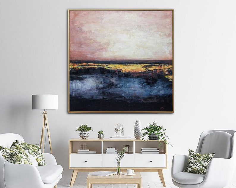 Abstract Sunset Painting Blue Oil Canvas Original Pink Painting Gold Leaf Artwork Living Room Art Housewarming Gift Office Wall Decor