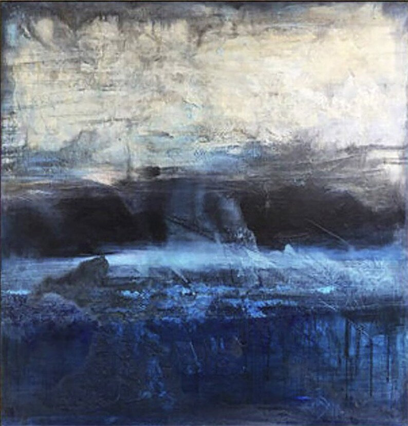 Abstract Dark Blue Ocean Painting Saltwater Art Waves Painting Ocean Art Framed Moody Colors Painting Rich Textured Art