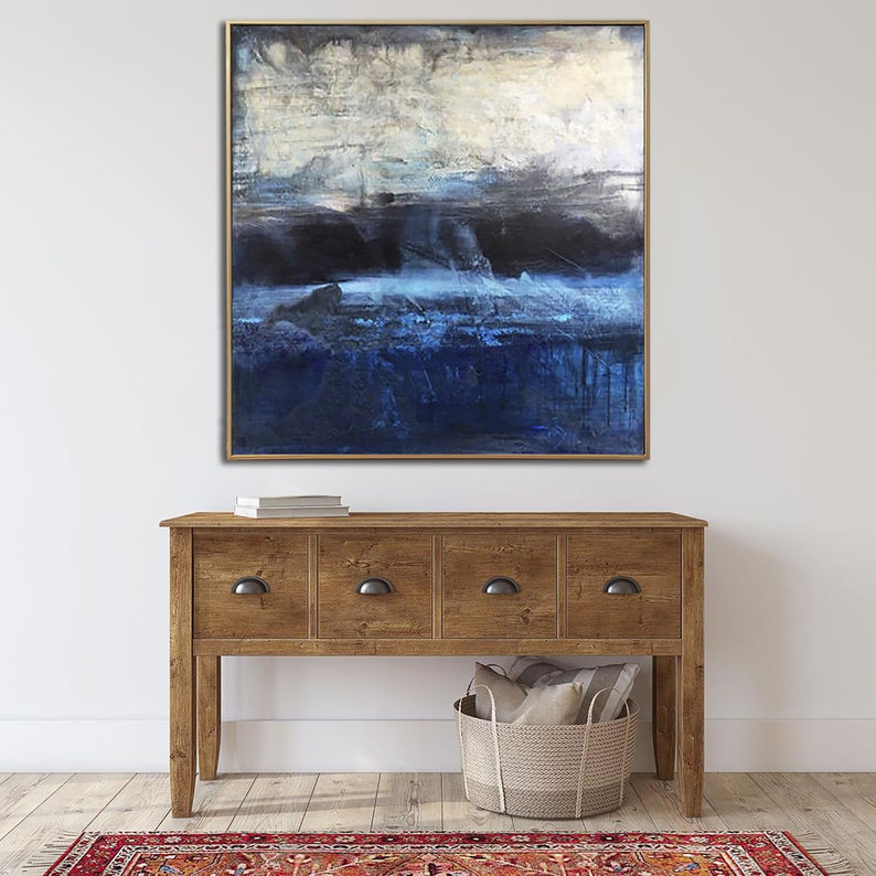 Abstract Dark Blue Ocean Painting Saltwater Art Waves Painting Ocean Art Framed Moody Colors Painting Rich Textured Art
