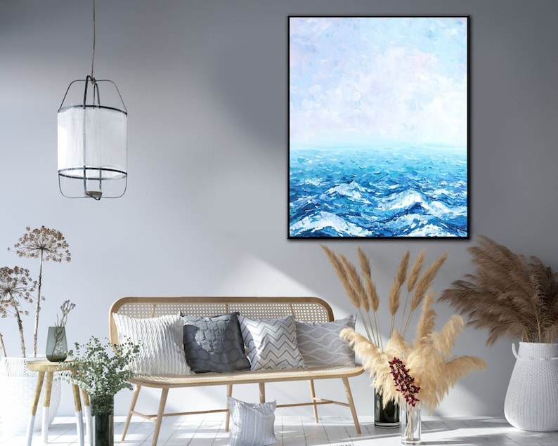 Serene Ocean Abstract Painting - Blue Textured Canvas Art, Handmade Coastal Wall Decor, Modern Sea-Inspired Artwork for Home or Office