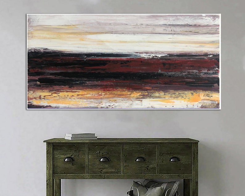 Landskabsmaleri Rød og sort kunst Abstrakt landskab Horisont Illusion Fredfyldt solnedgangskunst Samtidskunst Stue Vægkunst