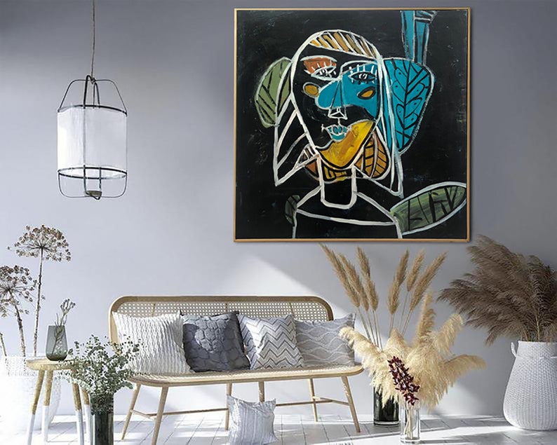 Abstrakt ansigt Figurativ kunst Picasso-stil malerier på lærred Surrealistisk tekstureret kunst Dristigt abstrakt portræt i geometriske former vægdekoration