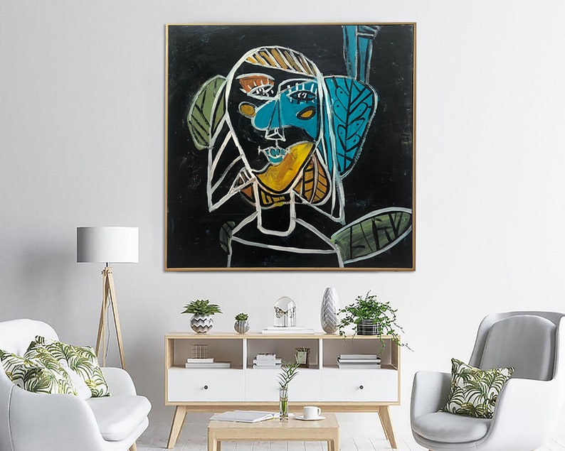 Abstrakt ansigt Figurativ kunst Picasso-stil malerier på lærred Surrealistisk tekstureret kunst Dristigt abstrakt portræt i geometriske former vægdekoration