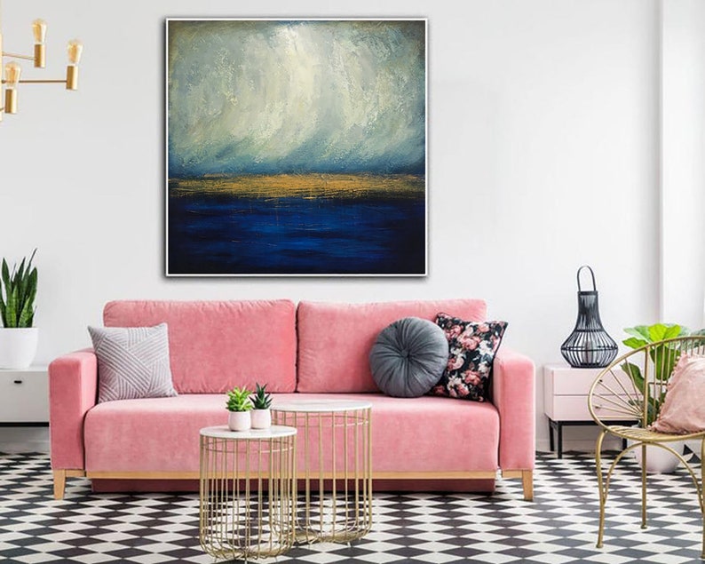 Large Abstract Canvas Art Ocean Painting Abstract Blue Sky Acrylic Painting Modern Abstract Artwork Blue Sea Abstract Painting Office Decor