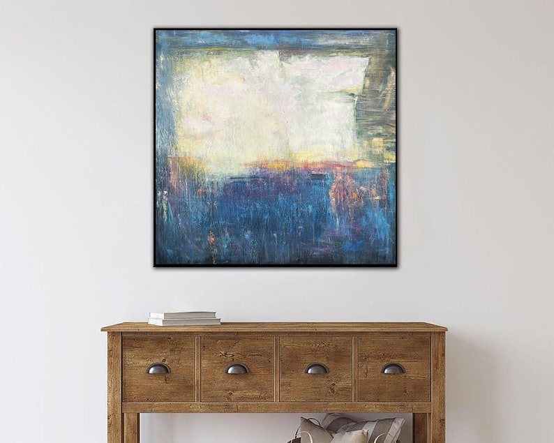 Abstract Landscape Painting - Original Handmade Artwork in Blue and Soft Pastels for Modern Home Decor