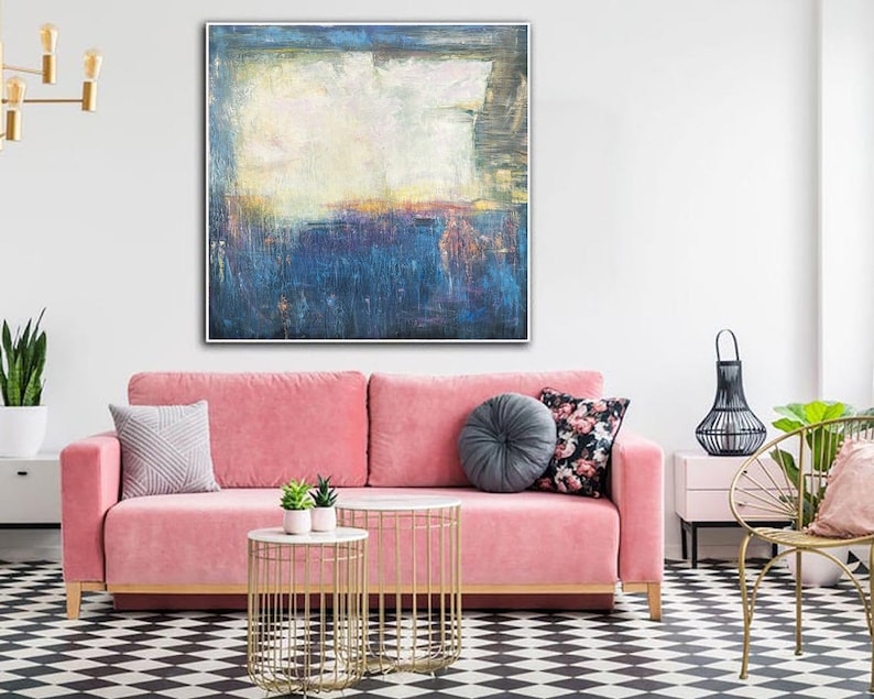 Abstract Landscape Painting - Original Handmade Artwork in Blue and Soft Pastels for Modern Home Decor