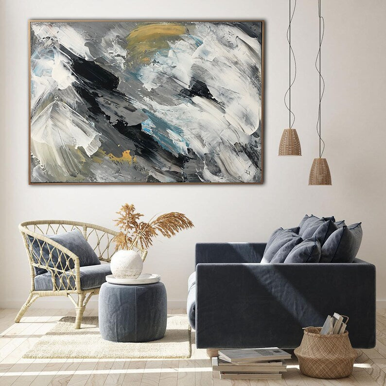 Abstract Brushstroke Painting Modern Large Gray Painting Contemporary Art Office Wall Art Custom Gift Black And White Art Framed Art Decor