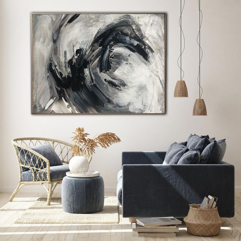 Black white grey painting canvas / Large abstract oil painting / Abstract forms painting / Wabi-Sabi Wall Art