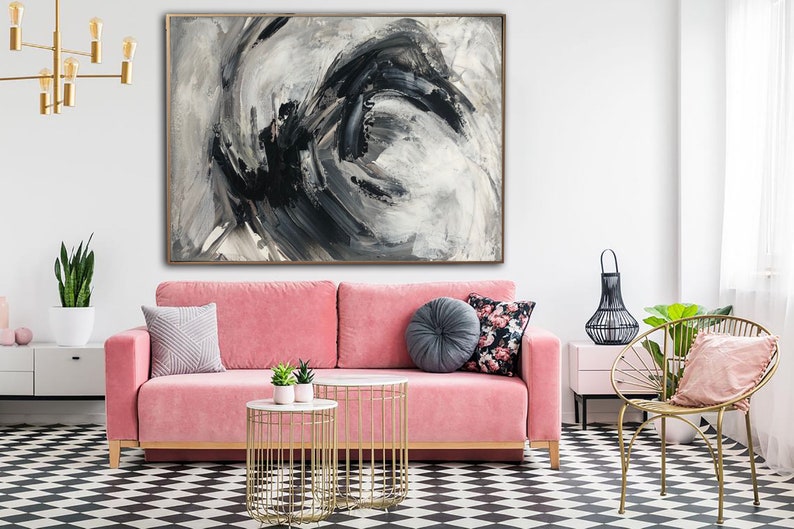 Black white grey painting canvas / Large abstract oil painting / Abstract forms painting / Wabi-Sabi Wall Art