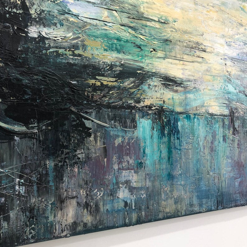 Large Original Abstract Seascape Paintings On Canvas In Navy Colors Abstract Impressionist Painting Modern Acrylic Paining for Living Room