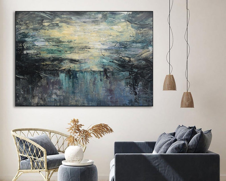 Large Original Abstract Seascape Paintings On Canvas In Navy Colors Abstract Impressionist Painting Modern Acrylic Paining for Living Room