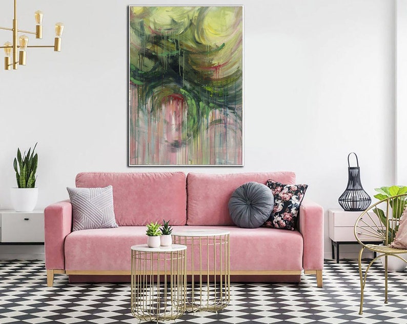 Extra Large Abstract Expressionist Paintings On Canvas in Green And Pink Colors Textured Fine Art Contemporary Wall Art for Living Room