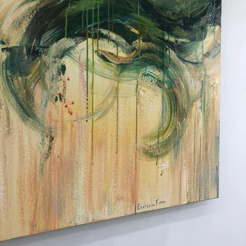 Extra Large Abstract Expressionist Paintings On Canvas in Green And Pink Colors Textured Fine Art Contemporary Wall Art for Living Room