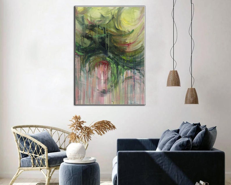 Extra Large Abstract Expressionist Paintings On Canvas in Green And Pink Colors Textured Fine Art Contemporary Wall Art for Living Room