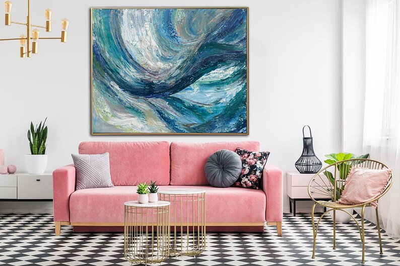 Abstrakt blåt maleri Lyseblåt maleri Abstrakte havscener Bølgemaleri Stueindretning Akrylmaleri Kontorvægkunst