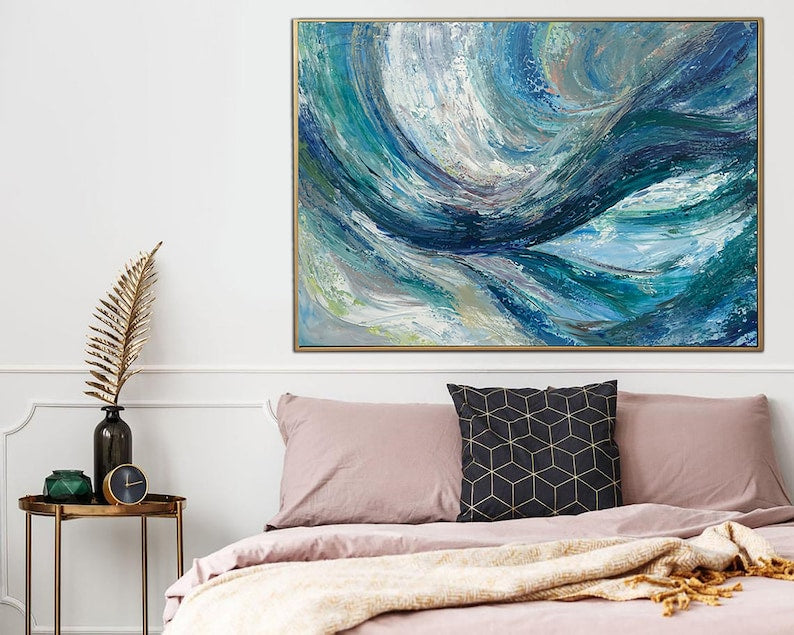 Abstrakt blåt maleri Lyseblåt maleri Abstrakte havscener Bølgemaleri Stueindretning Akrylmaleri Kontorvægkunst