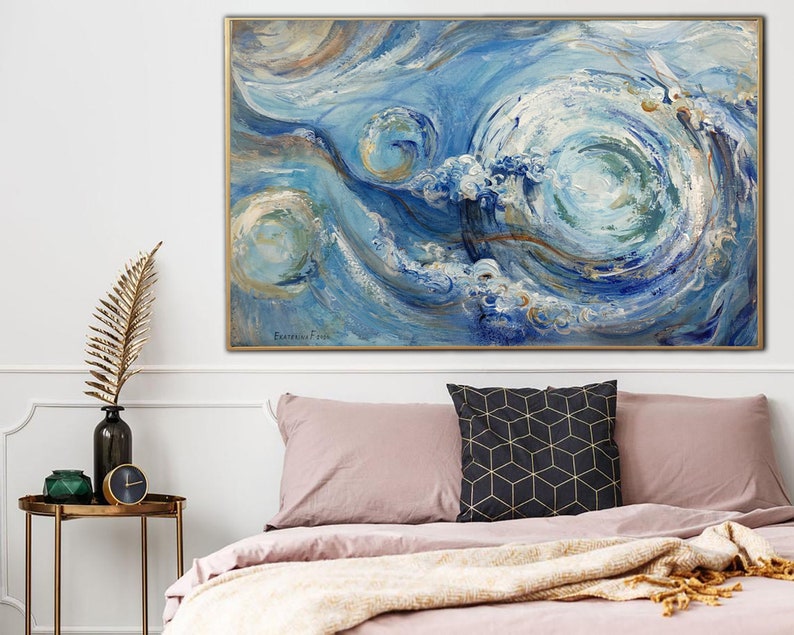 Abstract Blue Painting Large Framed Wall Art Unique Wall Art Living Room Decor Blue Wall Art Hand Painted Art Office Wall Decor Modern Art
