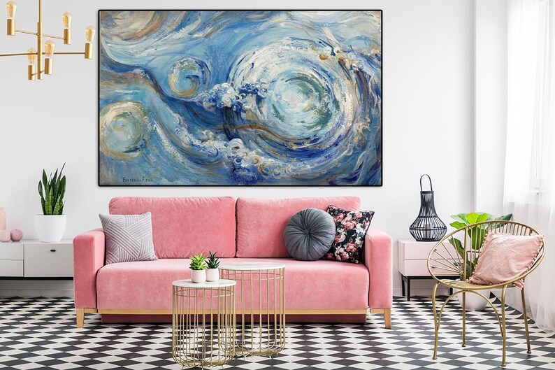 Abstract Blue Painting Large Framed Wall Art Unique Wall Art Living Room Decor Blue Wall Art Hand Painted Art Office Wall Decor Modern Art