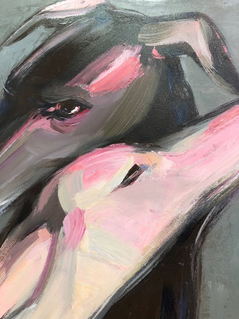 Abstract Dog Paintings On Canvas Romantic Wall Art Greyhound Art In Gray, Black And White Colors Pet Painting Hand Pained Art Wall Decor